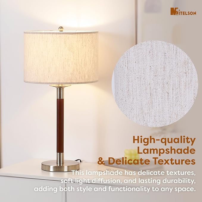 LED Bedside Lamp for Bedroom, Modern Desk Lamp with Dimmable Switch and Bulb, Wood Table Lamp for Nightstand, Desk Reading Lamp for Kids Room, Living Room, Office, Walnut Wood Finish