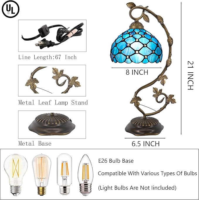 Tiffany Table Lamp, Stained Glass Desk Reading Light,Metal Leaf Table Lamp Base 8X10X21 Inches (Blue Beads)