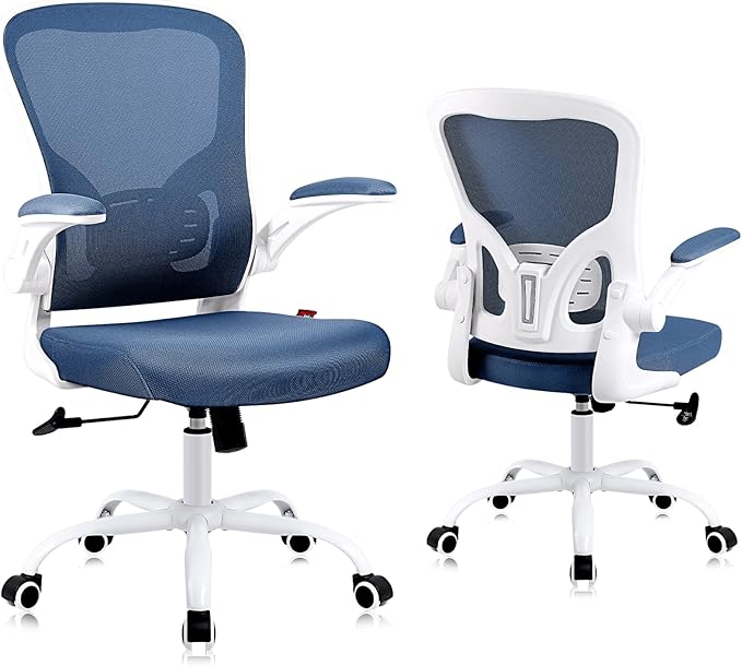 Flysky Ergonomic Office Chair, Mesh Home Office Desk Chair with Flip-up Arms and Lumbar Support, Height Adjustable, Swivel, White & Blue