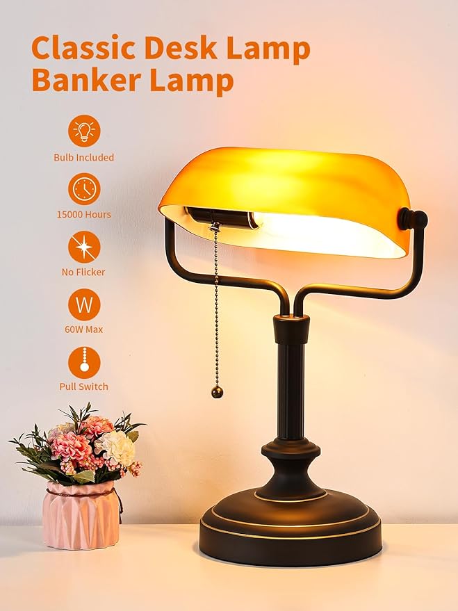 Traditional Banker's Desk Lamp with Glass Shade,Pull Chain Switch, LED Bulb Included (Antique Black+Matt Amber)