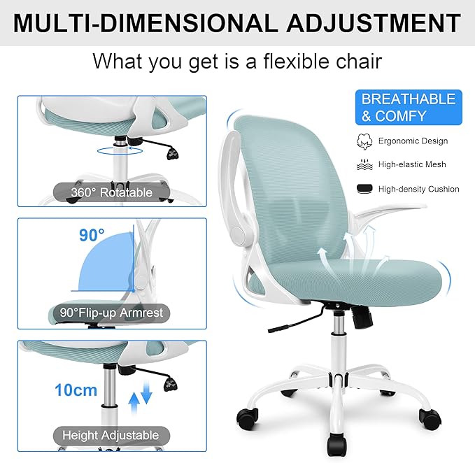 Primy Office Chair Ergonomic Desk Chair with Adjustable Lumbar Support and Height, Swivel Breathable Desk Mesh Computer Chair with Flip up Armrests for Conference Room(Light Blue)