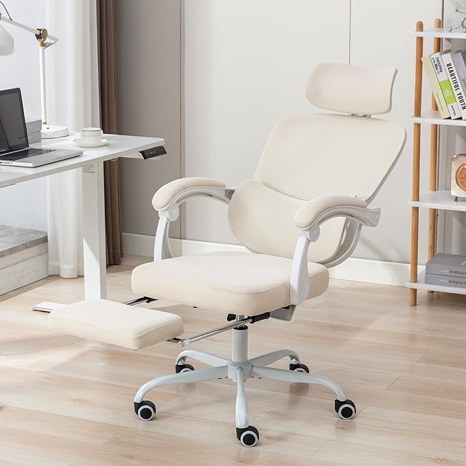 Ergonomic Office Chair with Footrest,90-135 Comfy Reclining Chairs,Home Office Desk Chair with Adjustable Lumbar Support & Headrest,Mesh High Back Computer Executive Chair (Beige)