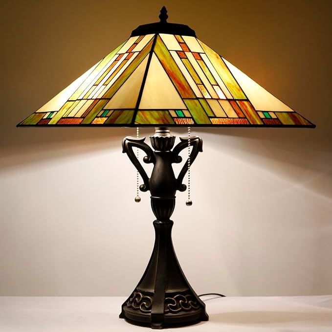 Tiffany Table Lamp Stained Glass Blue White Brown Square Mission Style Desk Reading Light 16X16X24 Inch for Bedroom Living Room Home Office