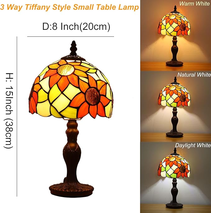 Tiffany Small Table Lamp Sunflower 3-Way Color Temperatures Stained Glass Table Lamps for Living Room Bedroom Bedside Nightstand Night Light Home Office Desk Lamp W/LED Bulb 8X8X15Inch