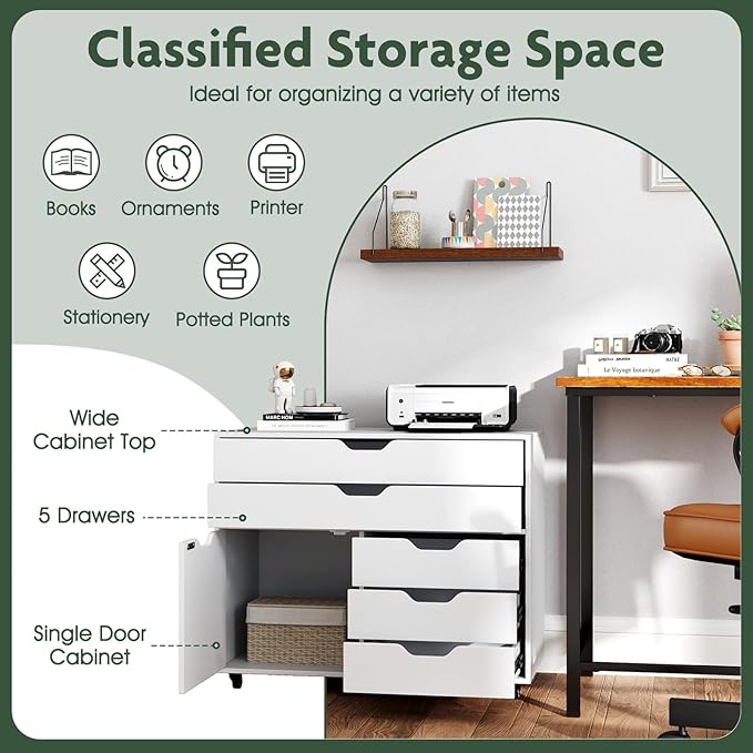 LOKO 5-Drawer File Cabinet, Mobile Chest of Drawers with Side Cabinet, Door Cabinet with 5 Casters, Rolling Lateral Filing Cabinet, Storage Cabinet Unit for Living Room, Study, Home Office