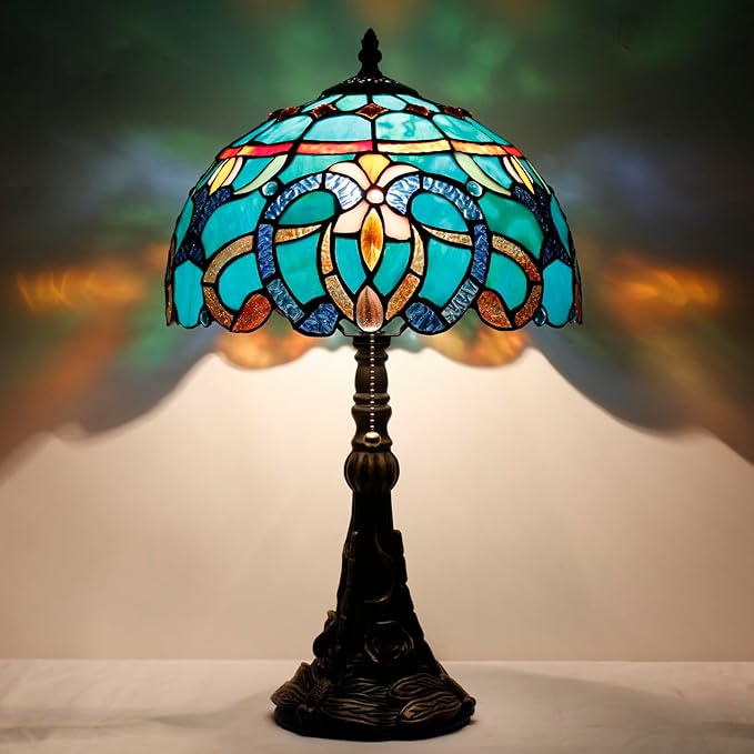 Tiffany Stained Glass Table Lamp 12X12X19 Inch Green Brown Jewelry Baroque Style Desk Bedroom Living Room Reading Light (Green Baroque)