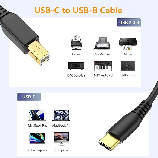 ULIFTUS USB-B to USB-C Printer Cable, 6.6FT Gold-Plated USB Type B to Type C Cord for MacBook Pro/Air HP, USB C MIDI Cable for Yamaha Piano, DJ Controller, Keyboard, Printer