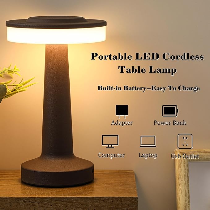 Riakrum Set of 2 LED Portable Cordless Table Lamp with Touch Sensor 3 Color Stepless Dimming Rechargeable Battery up to 15 Hours Cordless Table Light Wireless Lamp for Nursery(Brown,2 Pcs)