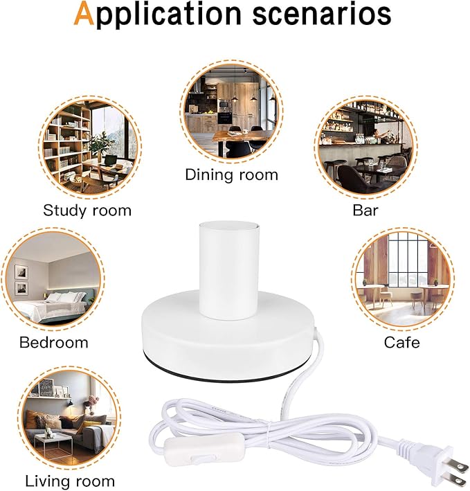 Helunsi Industrial Table Lamp Base - E26/E27 Edison Light Bulb Stand, Exposed Bulb, Simple Metal, 5.8ft Cord Switch Plug, White
