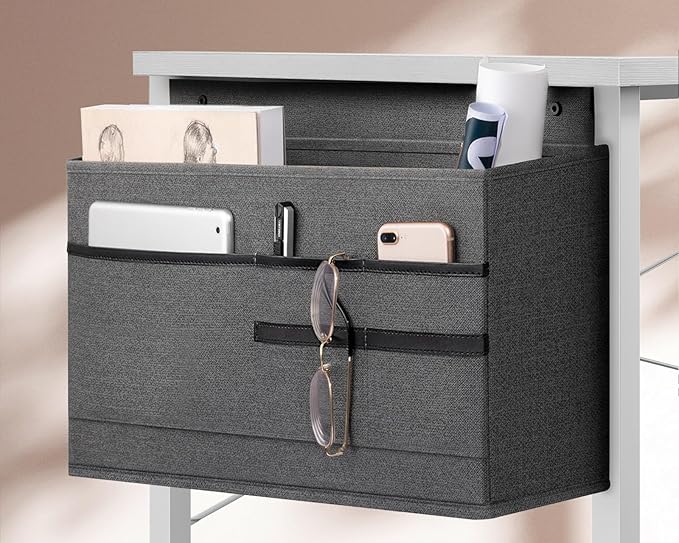 KKL Small Desk with Power Outlets and USB Port Computer Desk for Home Office Gaming Simple Modern Style Writing Desks with Storage Bag Headphone Hook, 32 inch, White
