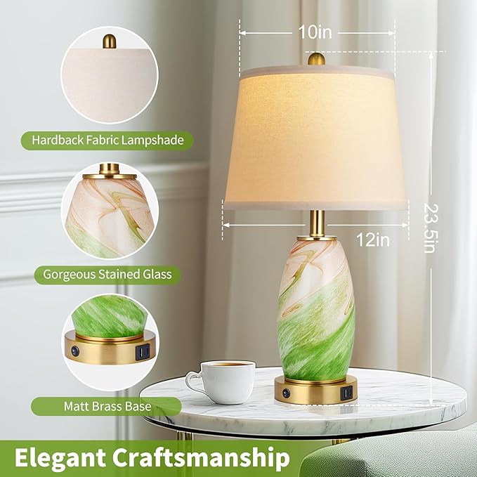 Green Lamps Set of 2 for Bedroom & Bedside with 3-Way Lighting Modes & USB C+A - Modern Style Glass Nightstand Table Lamps for Living Room & Bedroom Decoration (23.5" H)