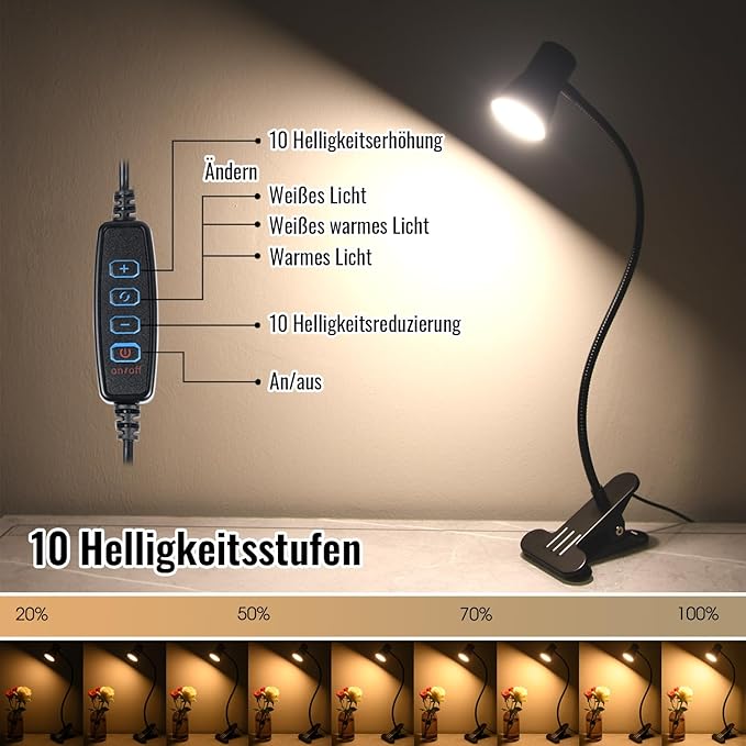 Clip Desk Lamp, USB Reading Light, Flexible Neck Led Clamp Light with 3 Color Temperature Options, 10 Dimmable Brightness Levels for Working, Studying (8W)