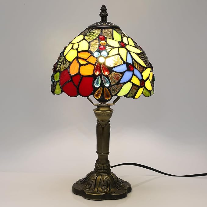 Tiffany Lamp Rose Flower Stained Glass Table Lamp for Bedroom,3 Color-Temperatures Nightstand Bedside Home Office Desk Lamp Accent Table lamp for Living Room Hotel, 8X8X14 Inch
