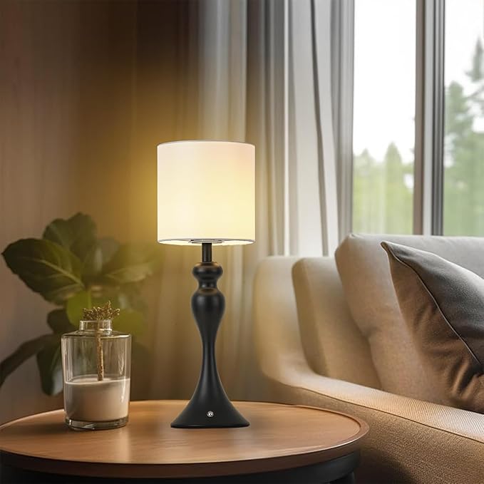 Table Lamp for Bedroom, Cordless Bedside Lamps for Living Room, Touch 3-Way Dimmable Desk Lamp for Night Stands, Rechargeable, Battery Operated Lamp with Fabric Shade for Dorm, Home Office (Black)