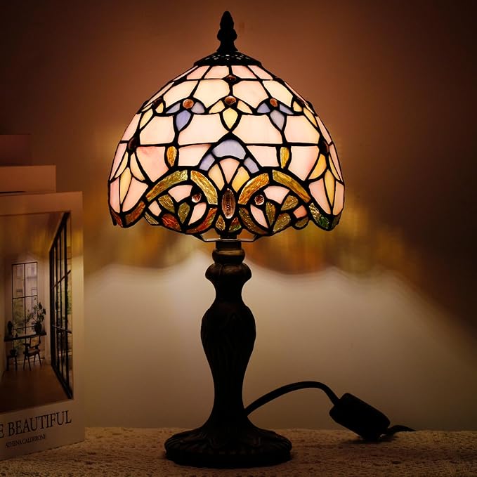Small Tiffany Lamp Stained Glass Table Lamp Mini Desk Accent Light for Bedroom Bedside Reading Home Antique Style Decor 8X15 Inches (Pink Baroque)