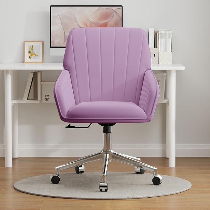 YISHENG Velvet Office Desk Chair with Silver Base, with Wheels,Modern Height Adjustable 360 Degree Swivel Upholstered Vanity Chairs with Arms for Living Room Bedroom,Light Purple