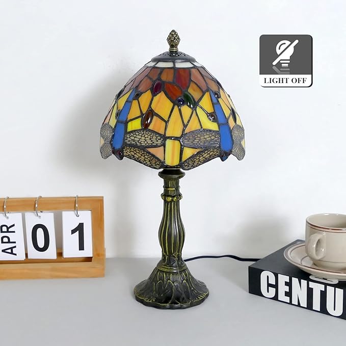 Tiffany Lamp Dragonfly Style Stained Glass Table Lamp Desk Reading Light, 8" Wide 15" Tall Bedside Table Lamp Decor for Small Space Bedroom Home Office
