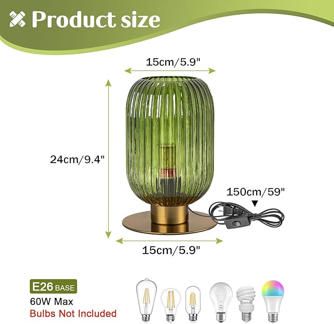 Green Glass Table Lamp, Mid Century Modern Table Lamp Vintage Gold Bedside Lamp with Brass Metal Base, Decorative Desk Lamp Small Boho Lamps for Bedroom Nightstand Living Room Office