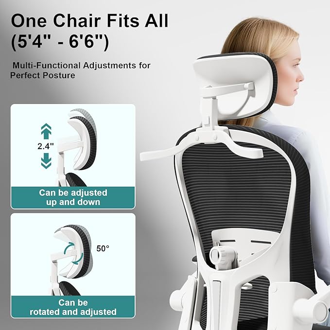 TLLMOON-6066 Panda All-Around Micro-Adjustable Comfort Chair. Full Experience Ergonomic Learning Chair. Headrest, Backrest, Lumbar Support, Armrests, and Gas Bar. (White-Black)