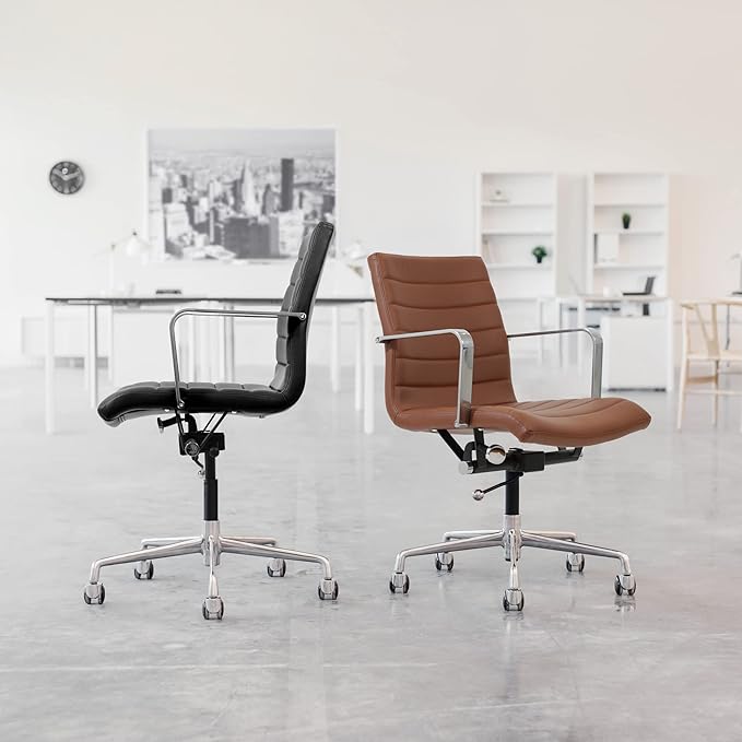 Laura Davidson Furniture SOHO II Ribbed Office Chair - Mid Back Desk Chair, Ergonomically Designed with Arm Rest & Swivel, Made of Faux Leather, All Black Limited Edition, Computer Chair