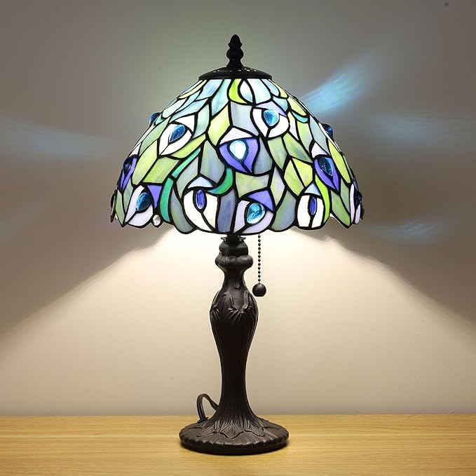 Tiffany Table Lamp for Living Room Blue Phoenix Tail Stained Glass Table Lamps for Bedroom Hand-Made 3 Color Temperature Bedside Nightstand Lamp Home Office Desk Lamp 10.1X10.1X17Inch W/LED Bulb