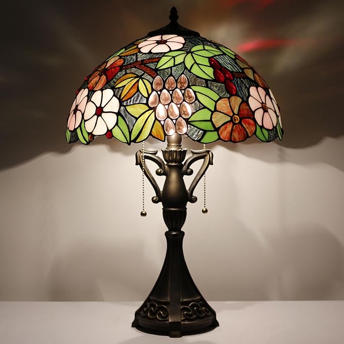 Tiffany Table Lamp 24 Inch High Antique Stained Glass Green Purple Grape Desk Reading Light Wide 16 Inch for Bedroom Living Room Home Office