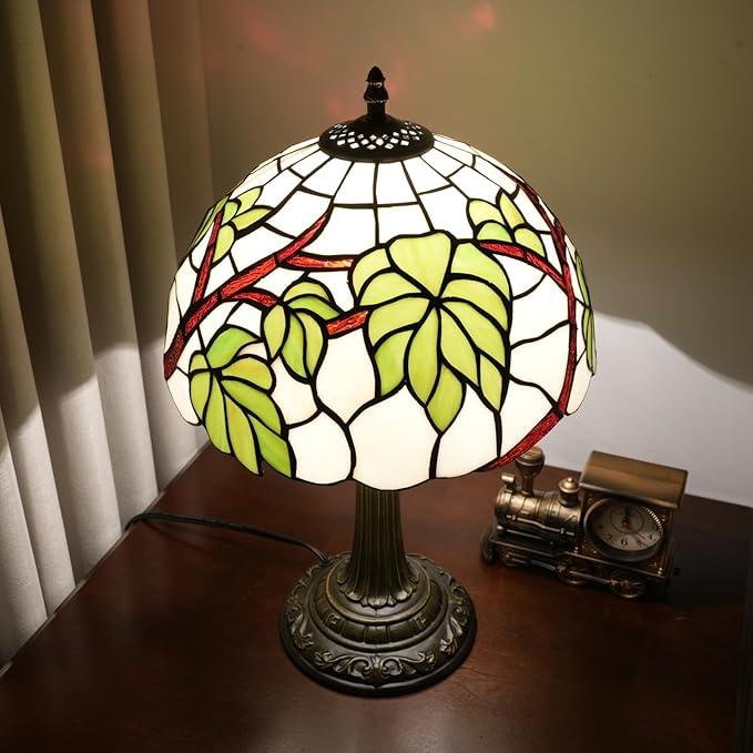 Tiffany Lamp Stained Glass Table Lamp 12 Inch Green Grape Leaf Tiffany Style Vintage Nouveau Lamp For Bedroom Living Room Study Coffee Shop Hotel Nightstand Desk Retro Light Home Decor Art Piece Gift