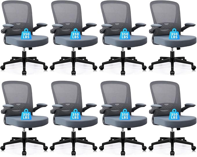 CLATINA Desk Chairs with Wheels, Ergonomic Rolling Mesh Office Chair Adjustable Height and Lumbar Support Home Office Computer Chair with Flip Up Armrests, Grey 8PK