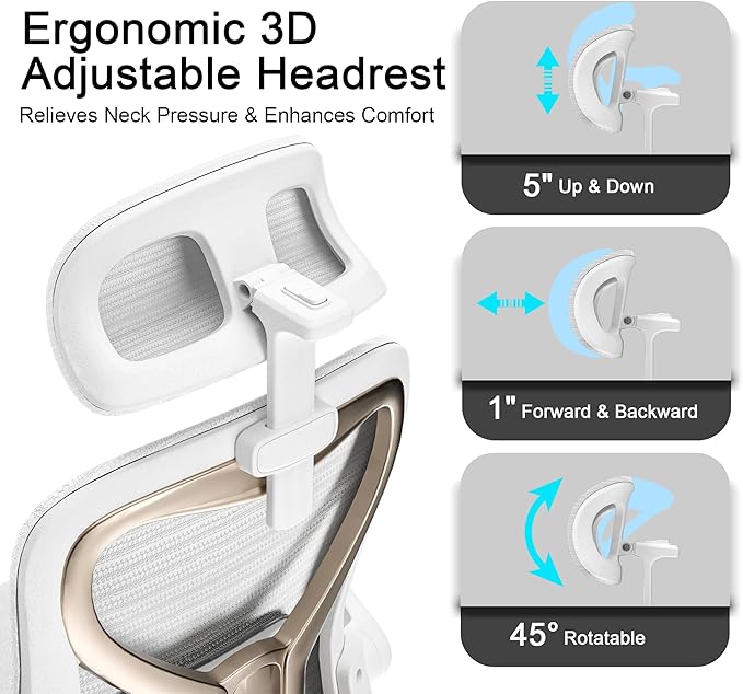 Office Chair for Back & Neck Pain Relief, Virgin Foam Seat, 2D Adjustable Lumbar & 3D Headrest, Flip-Up Armrests, Tilt & Rock for Relaxation, White/Gold