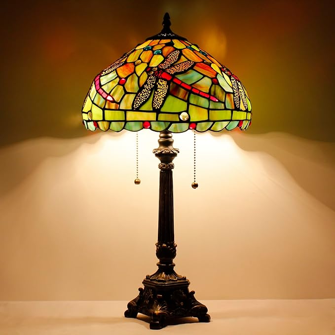 Tiffany Table Lamp Green Red Stained Glass Desk Lamp 12X12X21 Inches Dragonfly Style Reading Light