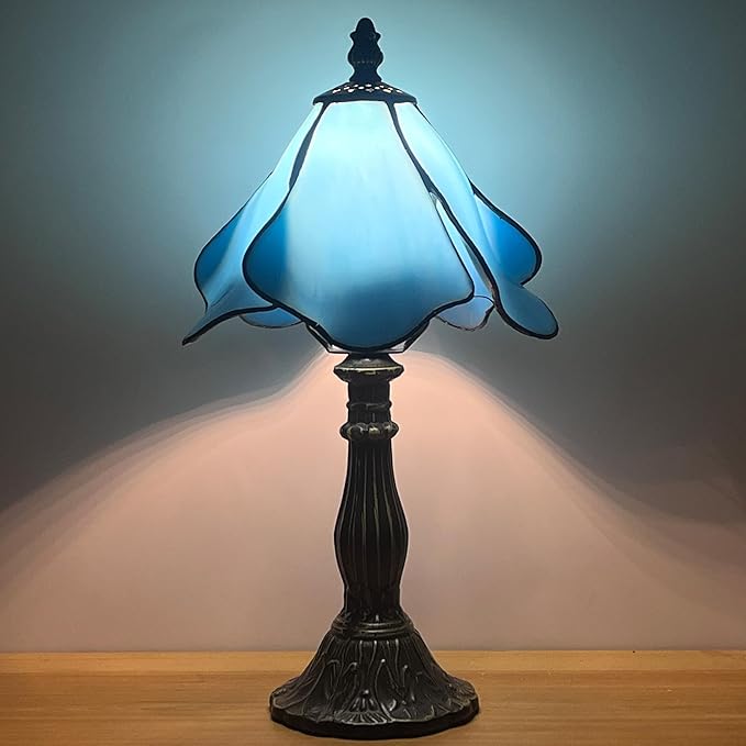 Small Tiffany Lamp Mini Stained Glass Table Lamp Bedside Accent Lamp Memory Sympathy 8X14.5 Inch (Blue)