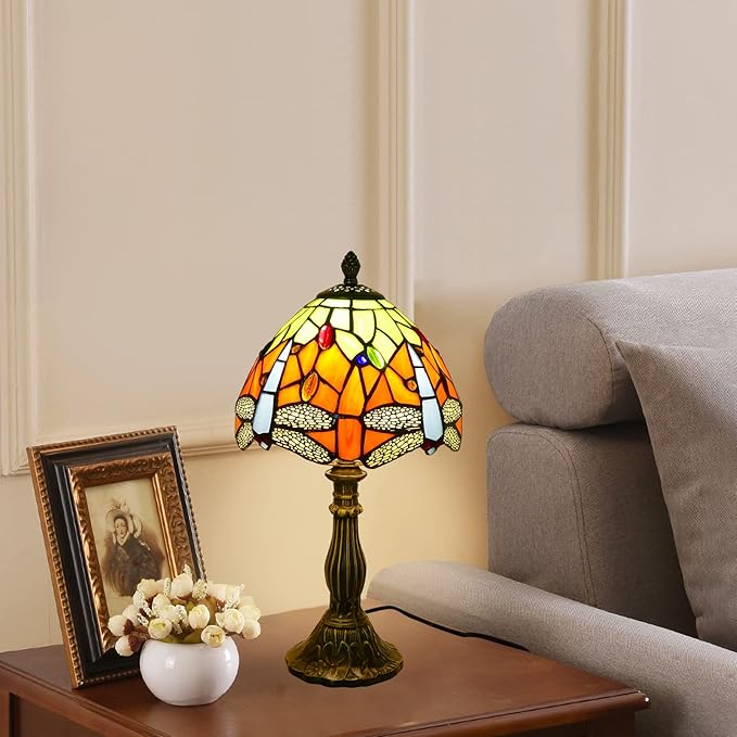 Tiffany Lamp Orange Dragonfly Stained Glass Table Lamp Desk Reading Light, 8" Wide 15" Tall Bronze Base Bedside Table Lamp Decor for Bedroom Living Room Home Office