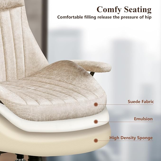Mid Century Modren Office Chair - Fuax Leather Suede Brown Executive Chairs Ergonomic Mid Back with Lumbar Support, Swivel Computer Desk Task Chair with Wheels for Home Office (Beige, Hign Back)