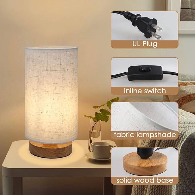 Table Lamps for Bedrooms Set of 2, Minimalist Bedside Lamps Set with Round Fabric Linen Shade,Reading Small Desk Lamp Set of 2 for Kids Room, Night Nightstand Lamp Set for Living Room, Office