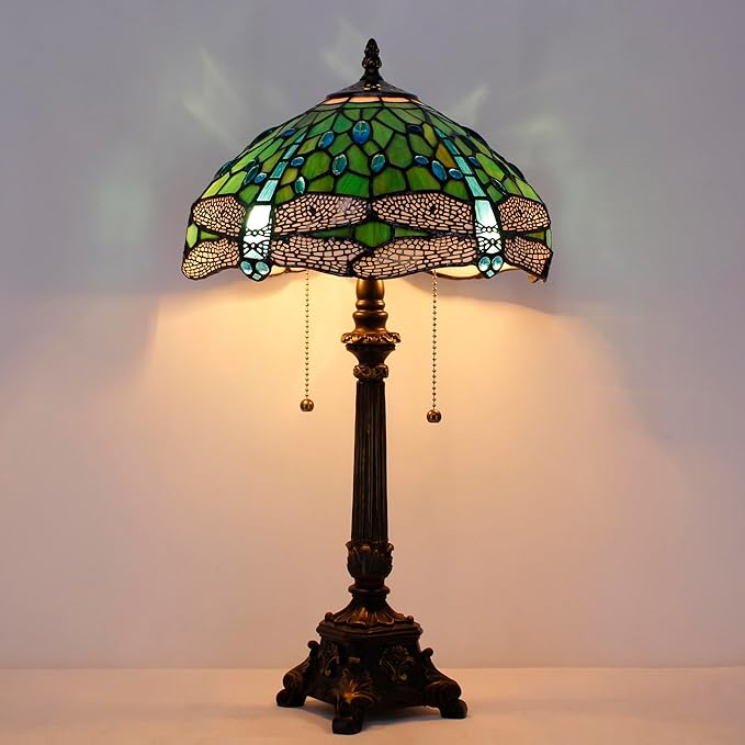 Tiffany Table Lamp Green Stained Glass Desk Lamp 12X12X21 Inches Dragonfly Style Reading Light