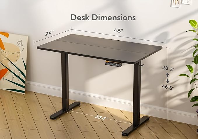Seang Electric Standing Desk, Adjustable Height with 3 Memory Presets, 48x24 Inch Sit Stand with Splice Board for Home Office Computer Workstation, Black Frame/Black Top