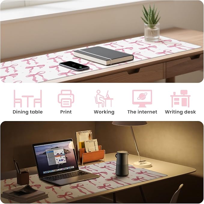 Large Mouse Pad, Pink Bow Desk Mat Gaming Mouse Pad 31.5 x 11.8in for Laptop Computer PC, Non-Slip Rubber Base Cute Bows Mousepad Office Accessories Desktop Decor Bow Coquette Mat for Girls