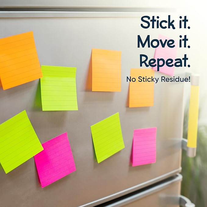 Lined Sticky Notes 3x3 Pack of 8, Bright Colored Super Self Sticky Pads - 60 Sheets/Pad - Easy to Post for School, Office Supplies, Desk Accessories