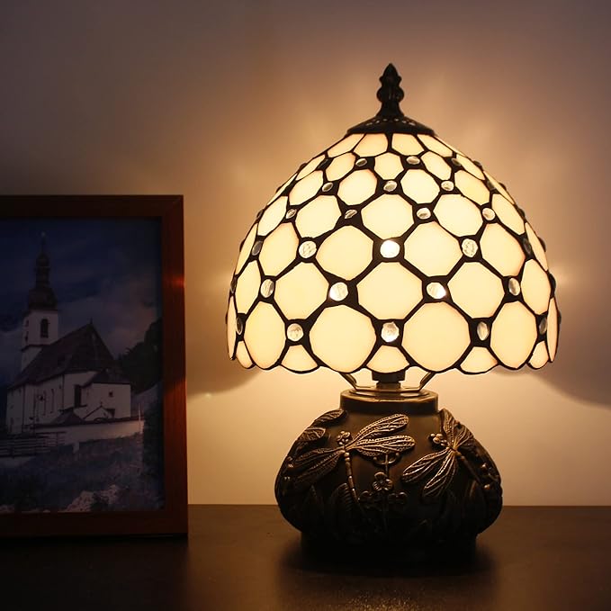 Small Tiffany Lamp Mini Stained Glass Table Lamp Cream Pearl Beads Style Mushroom Desk Light Memory Sympathy Lamp 8X11 Inch