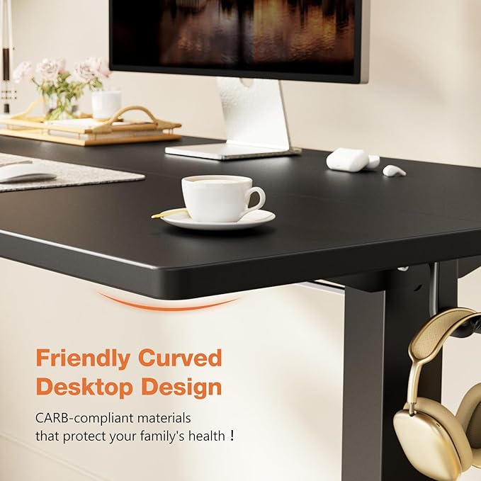 Sweetcrispy Electric Adjustable Height Standing Desk - 55 x 24 inch Sit to Stand Up Desk with Splice Board, Rising Home Office Computer Table with 2 Hook and Wire Hole for Work