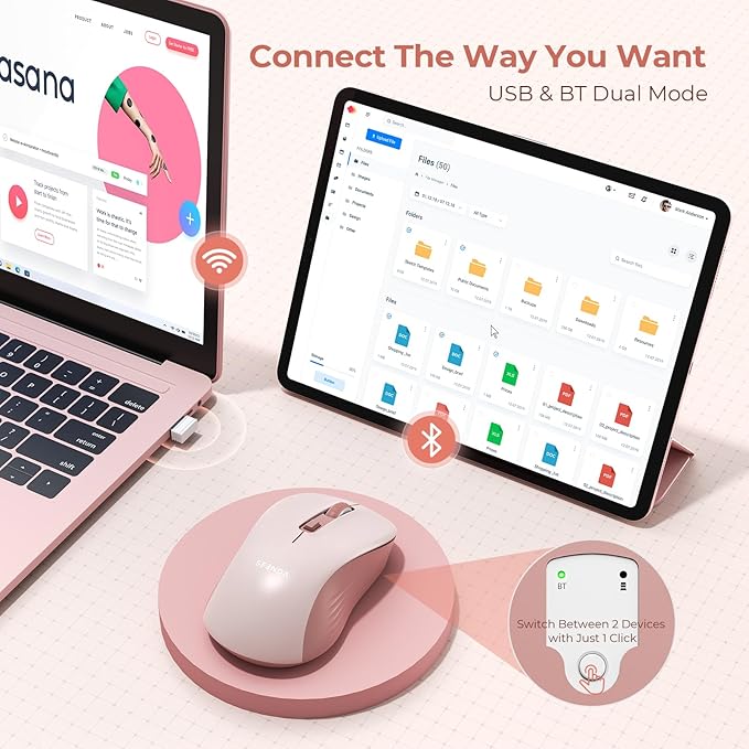 seenda Wireless Mouse, Bluetooth & 2.4G USB Dual Mode for Laptops & Computers - Mac & Windows Compatible - Pink