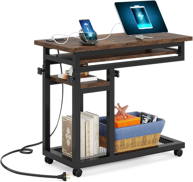 Tribesigns Small Portable Desk with Power Outlet, Height Adjustable Sofa Couch Bedside Laptop Table with Wheels, Mobile Standing Desk Rolling Computer Cart C Side Table with USB Ports