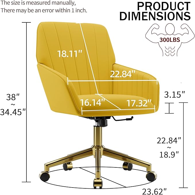 YISHENG Velvet Office Desk Chair with Gold Base, with Wheels,Modern Height Adjustable 360 Degree Swivel Upholstered Vanity Chairs with Arms for Living Room Bedroom.Yellow