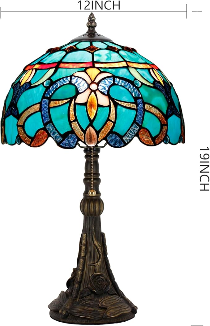 Tiffany Stained Glass Table Lamp 12X12X19 Inch Green Brown Jewelry Baroque Style Desk Bedroom Living Room Reading Light (Green Baroque)