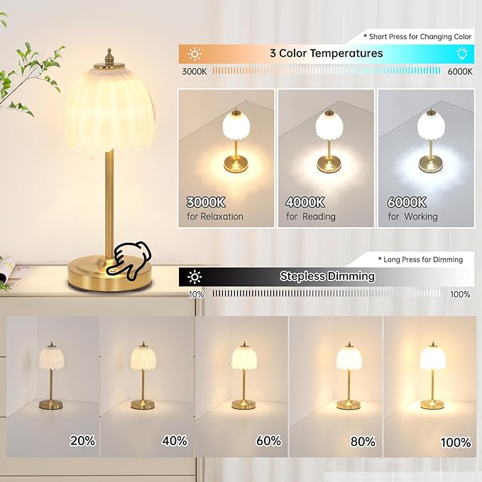 Set of 2 Cordless Table Lamp with 5000mAh Battery & Touch Control - 3 Adjustable Color Temperatures, Dimmable RechargeableTable Lamps for Bedroom, Office Desk, Nightstand (White Tulip)