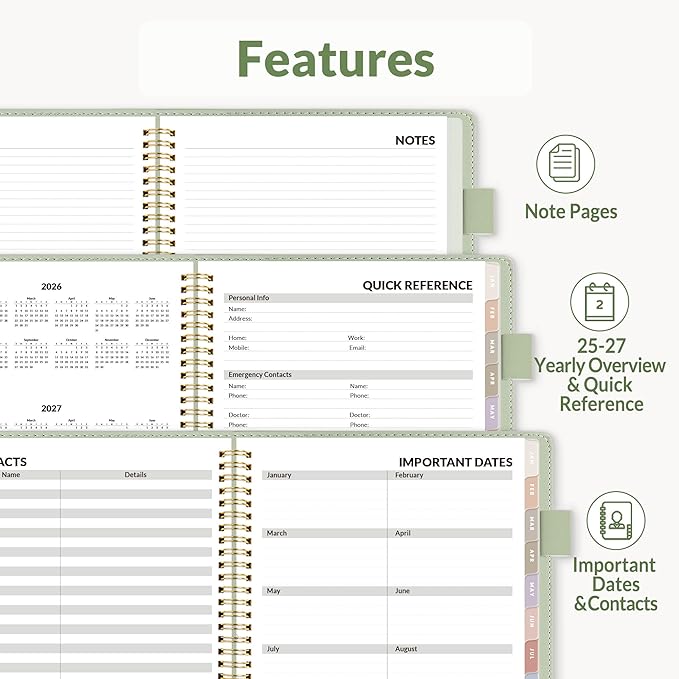 SUNEE 2026 Weekly & Monthly Planner 9"x11.2"- 12 Month (January 2026 - December 2026), Vegan Leather Cover, Pocket, Bookmark, Notes, Monthly Tab, Sage Green