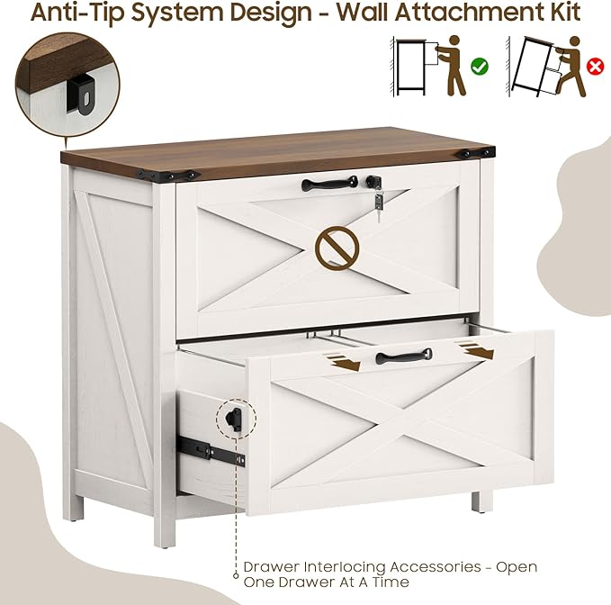 2 Drawer File Cabinet with Lock, Farmhouse Lateral Filing Cabinet Fits Letter/A4/F4/Legal Size, Wooden File Cabinets Printer Stand for Home Office, White
