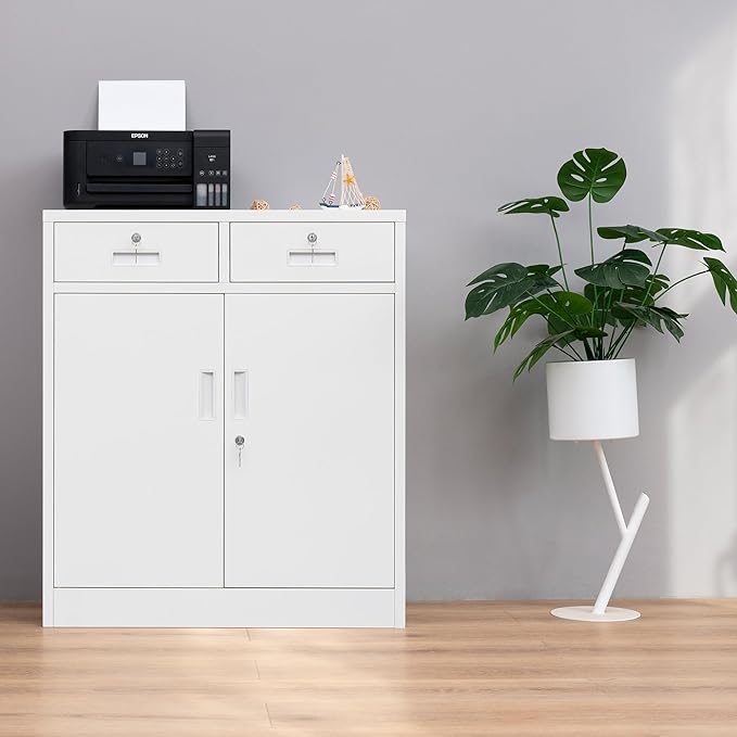 Metal Storage Cabinet, Locking Storage Cabinet with Adjustable Shelf, 36" H Metal Cabinets with Two Drawers for Office, Garage, Home-White
