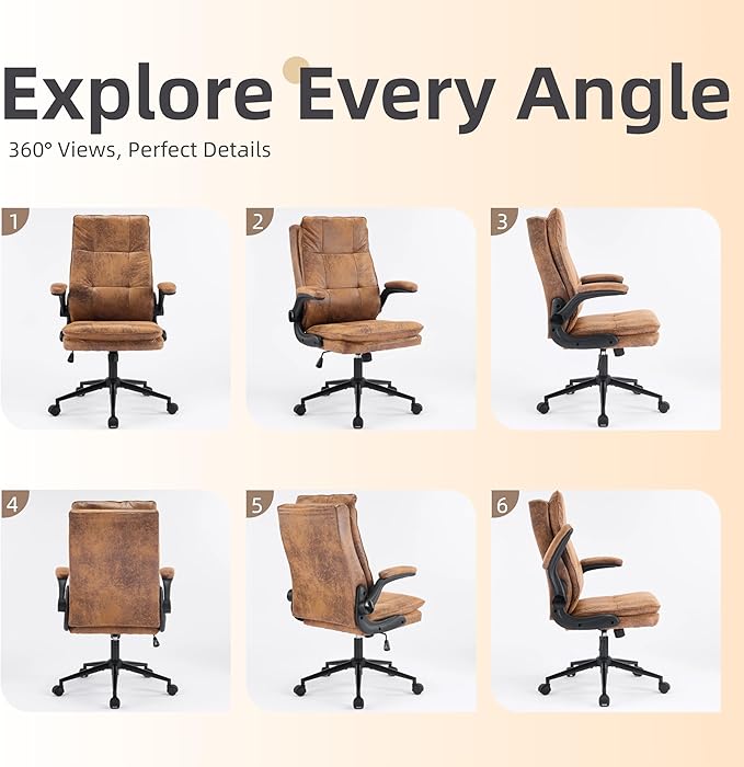 VINGLI Comfy Brown Leather Office Desk Chair,Ergonomic High-Back Computer Gaming Chair with Replaceable Wheels,Dual-Base,Adjustable Height&Armrests,360 Swivel Task Chair for Home Office,Vintage,Rustic