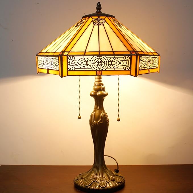 WERFACTORY Tiffany Table Lamp Yellow Hexagon Stained Glass Bedside Lamp Mission 16X16X24 Inches Desk Reading Light Metal Base Decor Bedroom Living Room Home Office S011 Series